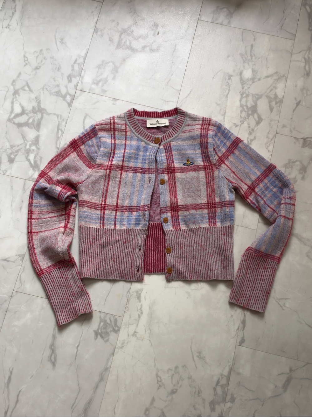 Vivienne Westwood Pink and Blue Plaid Cropped Cardigan